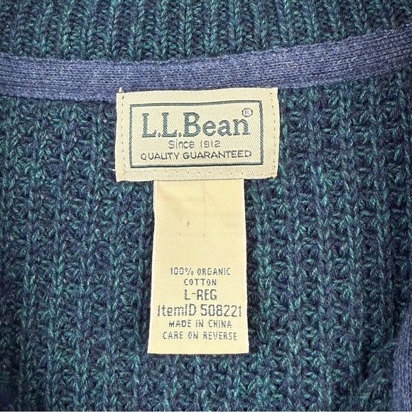 LL Bean Mens Waffle Knit Sweater Sz Large Full Zip Organic Cotton Blue Green A7 - Picture 3 of 7